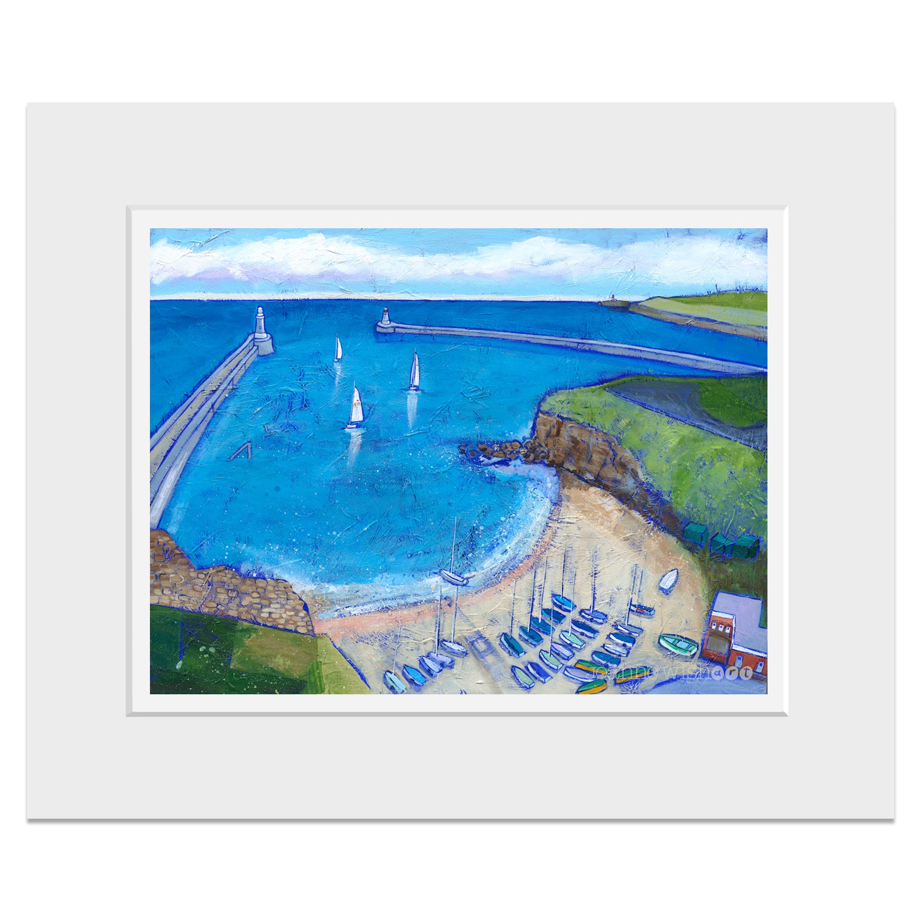 A mounted print of the haven with sailing boats on the mouth of the river tyne.