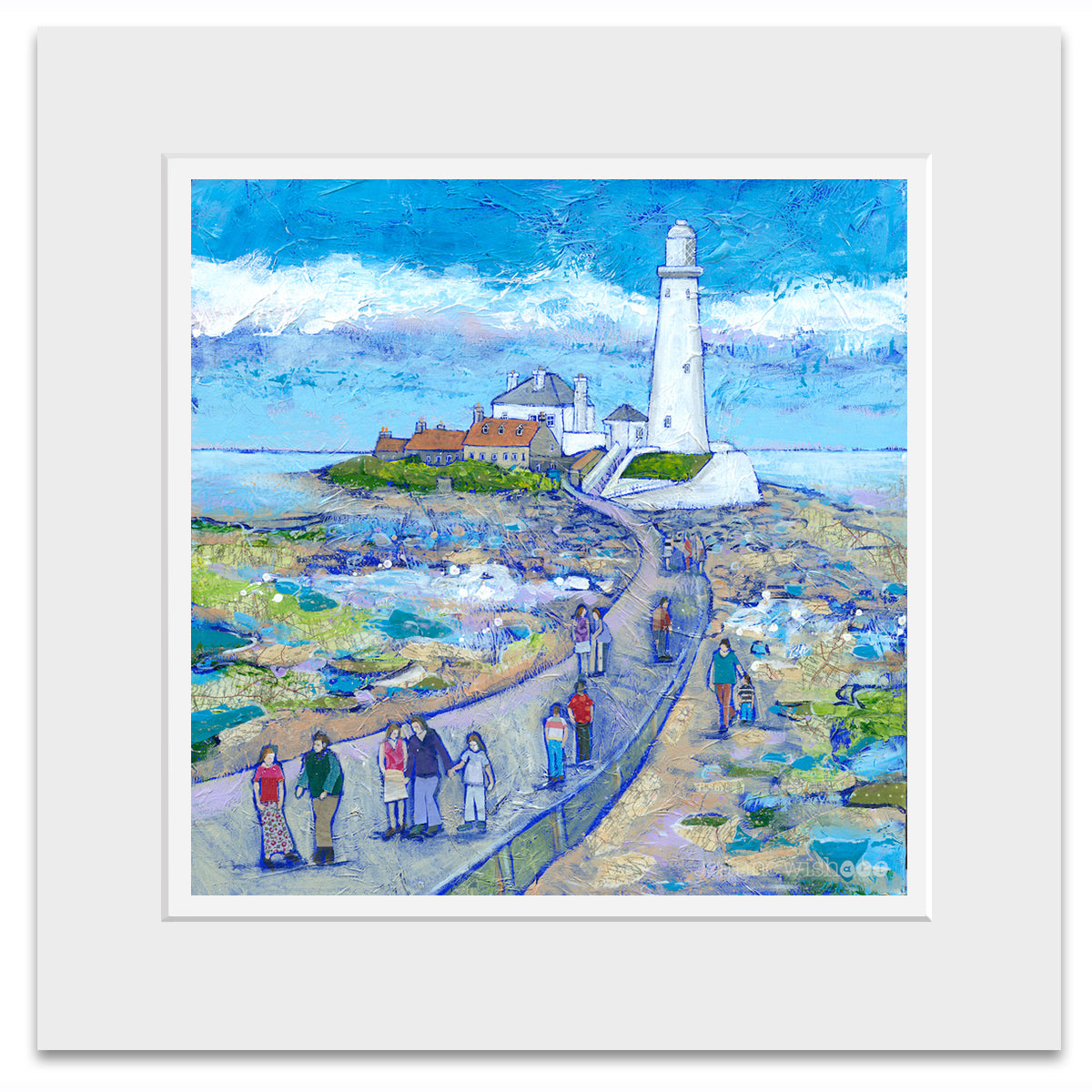 A mounted fine art print of St Mary's Island causeway with the tide out.