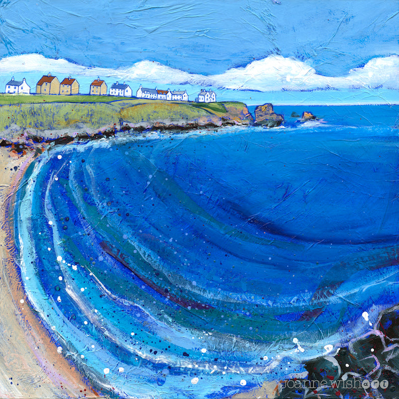 A painting of the view from Coldingham Bay beach towards St Abbs sitting on the clifftop.