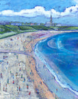 A fine art print of longhands beach on a summers day with St Georges church in the background.