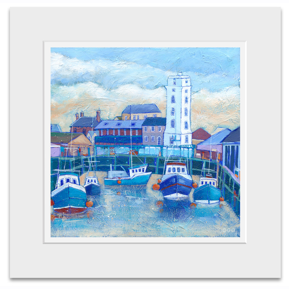A mounted art print of North shields fish quay with a winter sky.