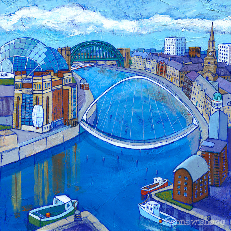 A quirky print of the river tyne sweeping through the newcastle cityscape. 