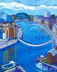 A quirky print of the river tyne sweeping through the newcastle cityscape.