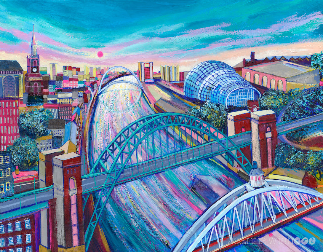 A painting of the river Tyne looking over the Swing Bridge, the Tyne Bridge and the Millennium Bridge in Newcastle upon Tyne.  
