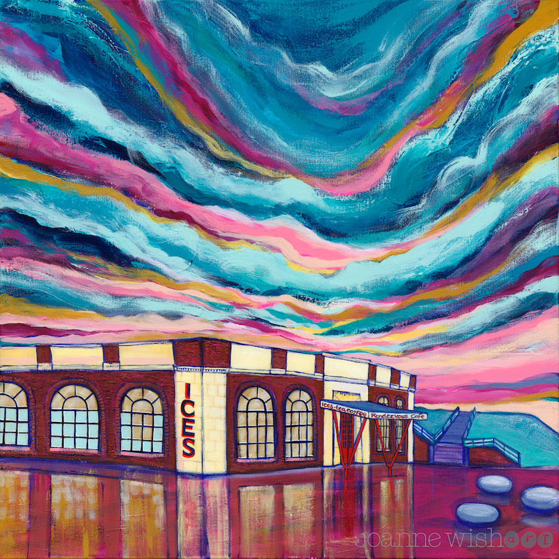 A dramatic painting of the rendezvous painting in Whitley Bay with a bold sky  featuring pink and teal green clouds.  THe painting is square. 