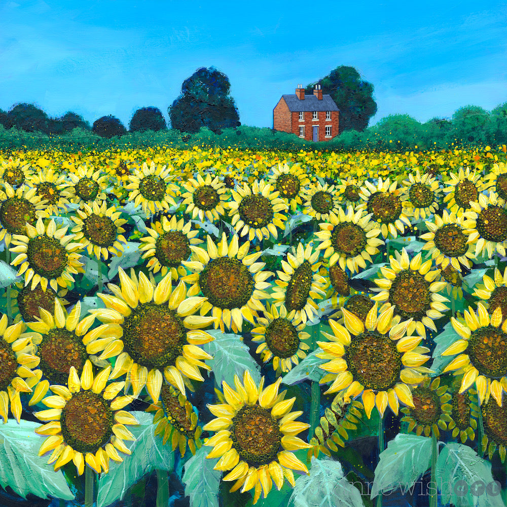 a painting of a field of Sunflowers with a red brick house in the distance.