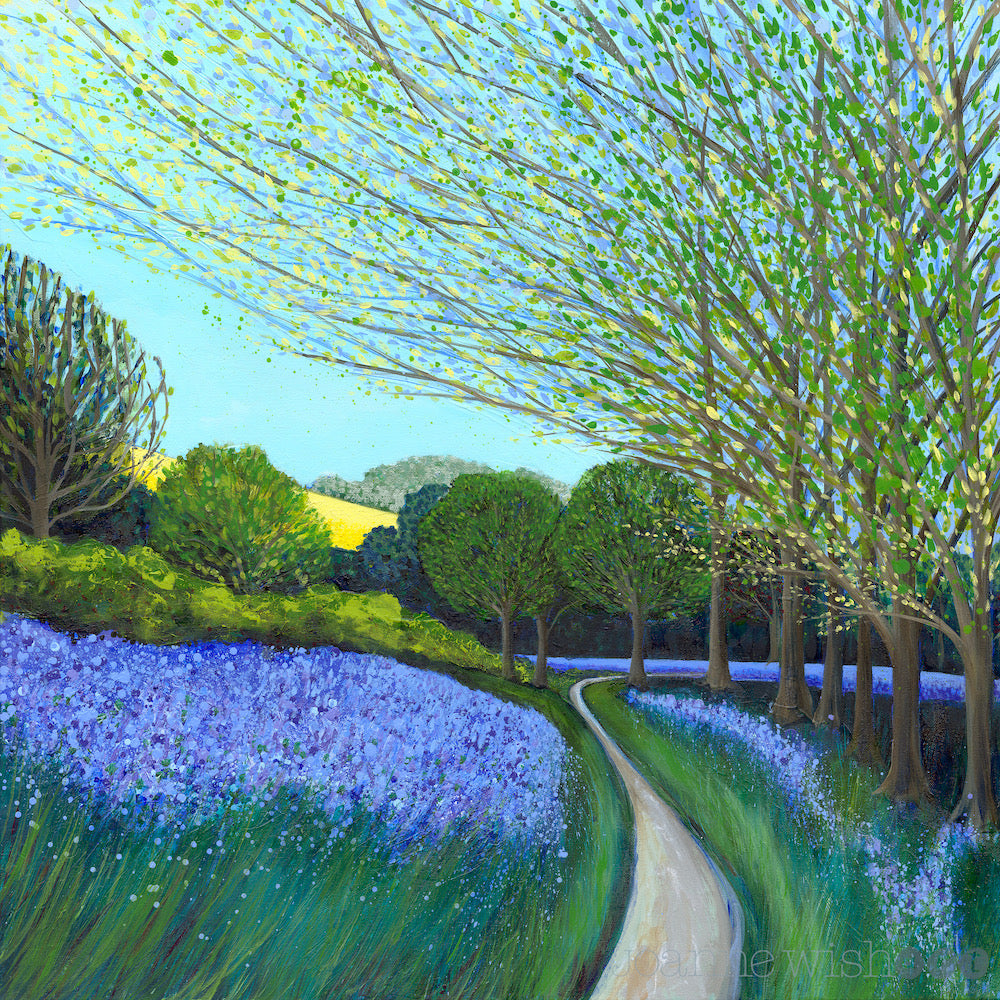 A colorful landscape painting of a winding path through a field of purple flowers, lined with leafy green trees under a bright blue sky.