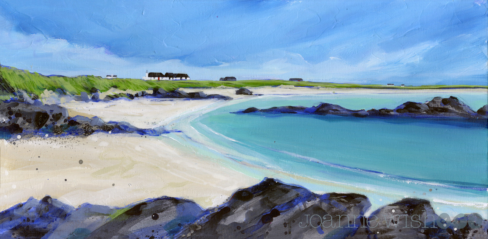An impressionistic landscape painting of a coastal beach with turquoise water, pale sand, dark rocks, green dunes, and a blue sky.