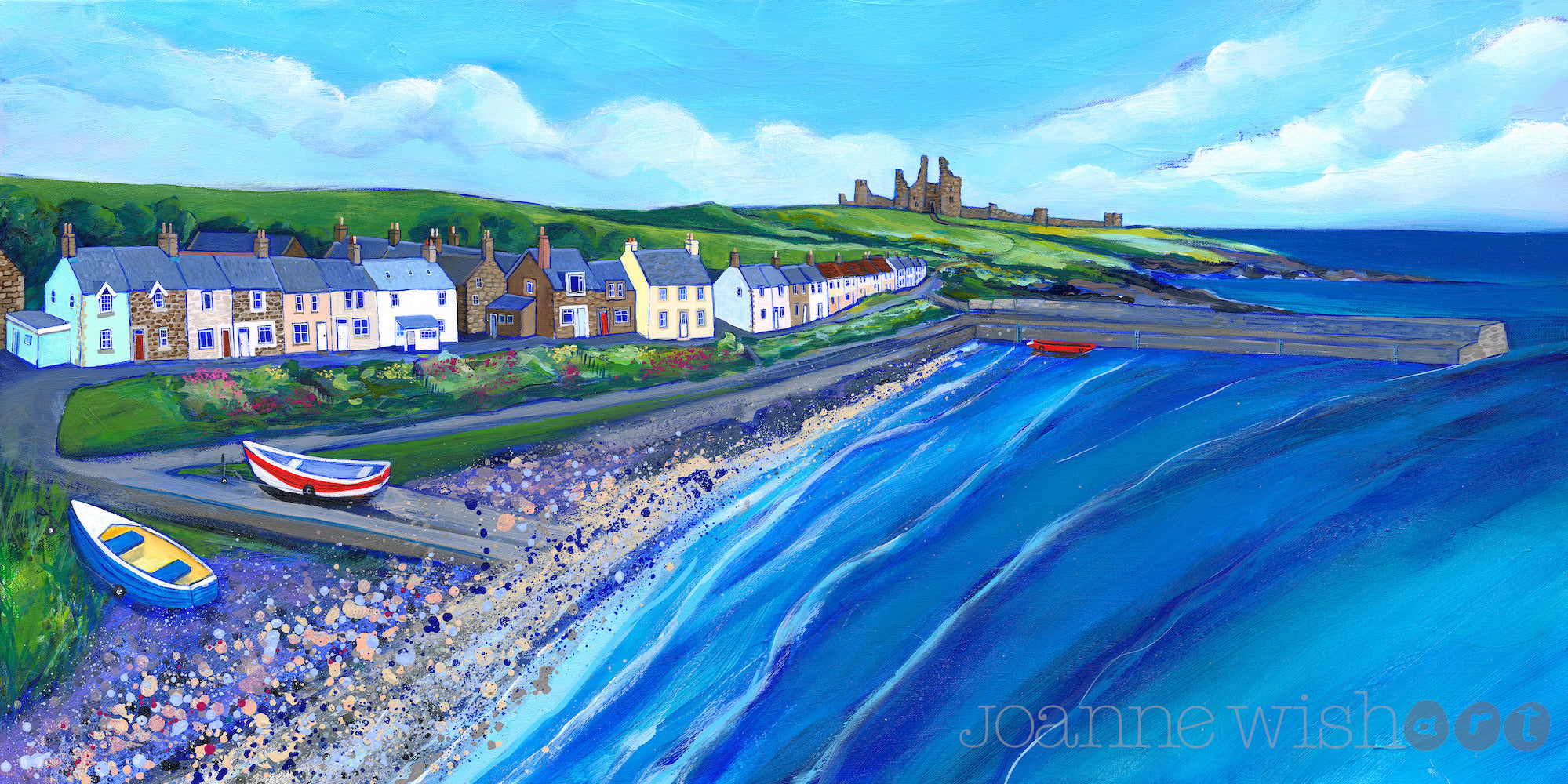 A painting of a coastline surrounded by colourful houses and boats.