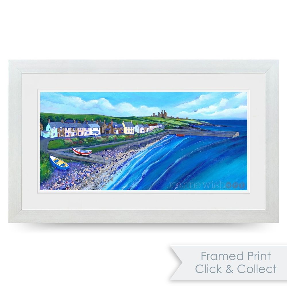 Framed print of a coastal scene with houses and boats on a white background