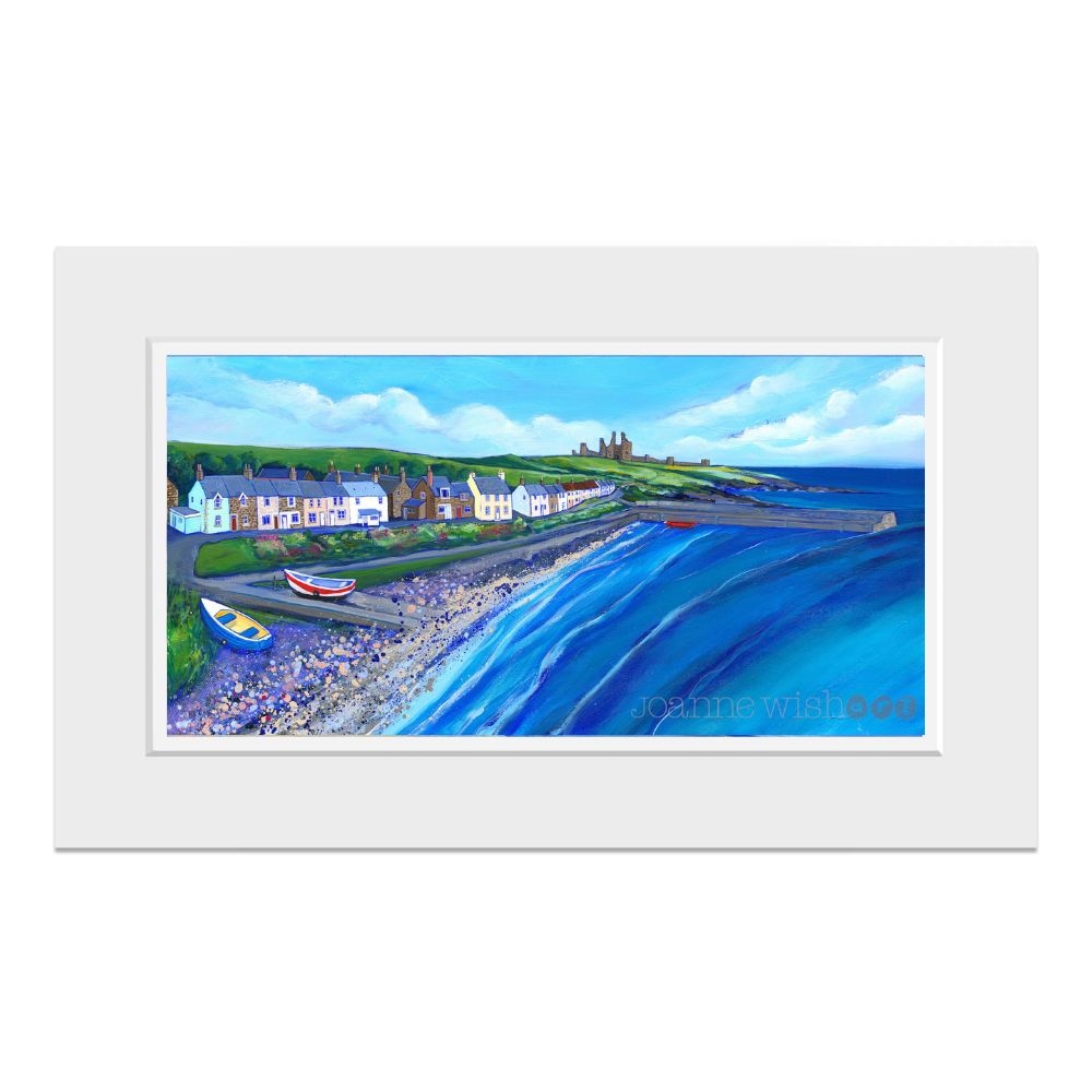 A framed version of the coastline with colourful houses and boats.