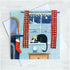 Greeting card with a cat in a window on a snowy night, featuring red curtains and a Christmas stocking.