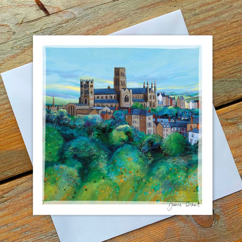 Greeting card with lush green surface of trees and Durham Cathedral standing proudly in background..