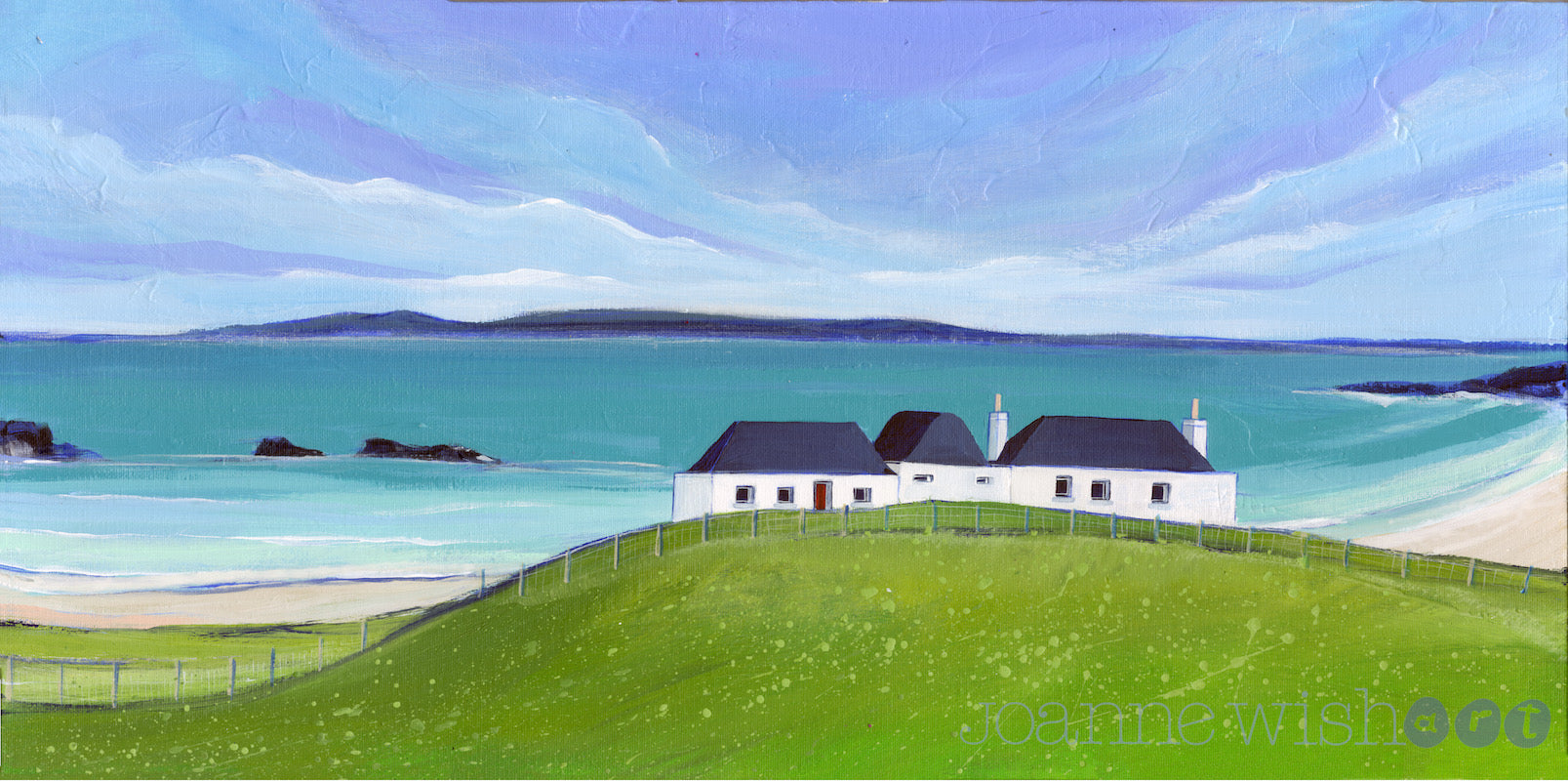 A landscape painting of a white cottage with a dark roof situated on a green grassy hill overlooking a turquoise sea and sandy beach under a cloudy blue and purple sky.