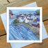 Illustration of a staithes fishing village with boats on a card.