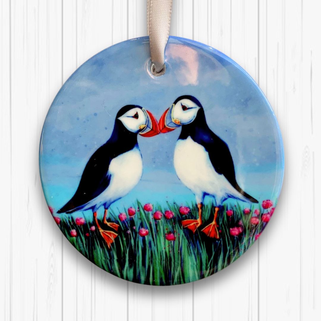 Puffins and Sea Pinks - Ceramic Tree Decoration