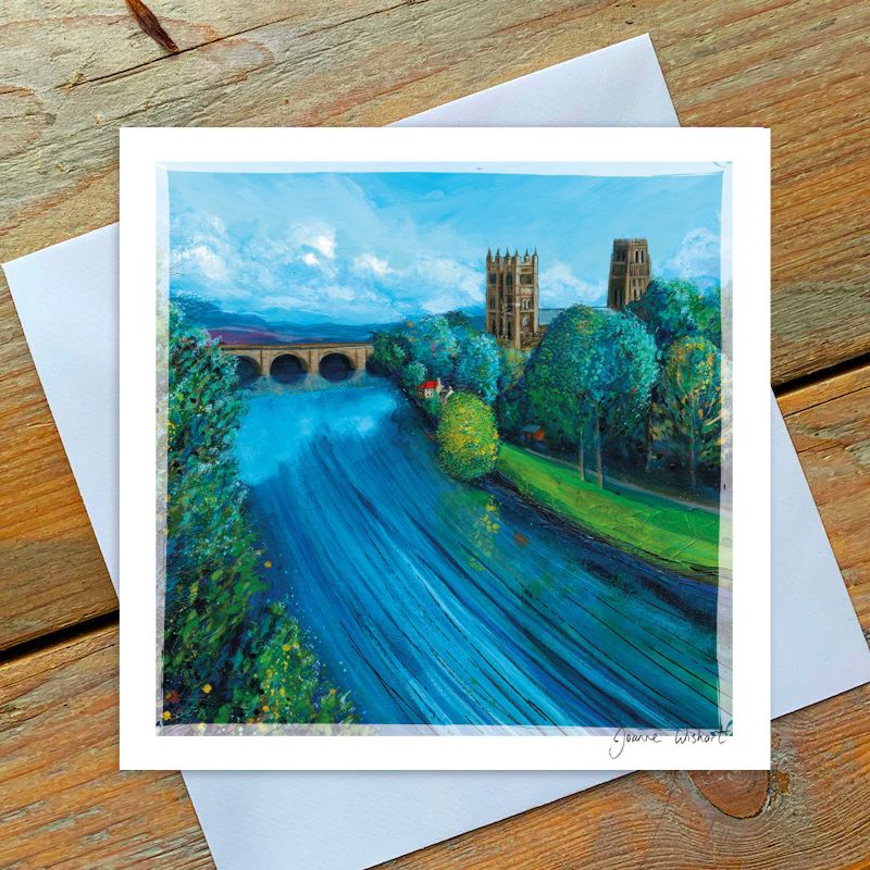 Painting of a scenic landscape with a river walk at Durham cathedral.