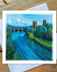 Painting of a scenic landscape with a river walk at Durham cathedral.