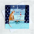 Card with a cat looking out a window at a lighthouse and sea.