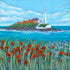 A summery painting of St Mary's Lighthouse. a white lighthouse sits on a rocky island with a pale blue sky overhead. The sea is turquoise and waves rill gently to the shore. There are orange roofed cottages at the base of the lighthosue. Int eh foreground bold red poppies sway in the long sea grass.