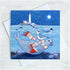 Card with a seal wearing a scarf and hats in a snowy scene with St Mary's lighthouse.