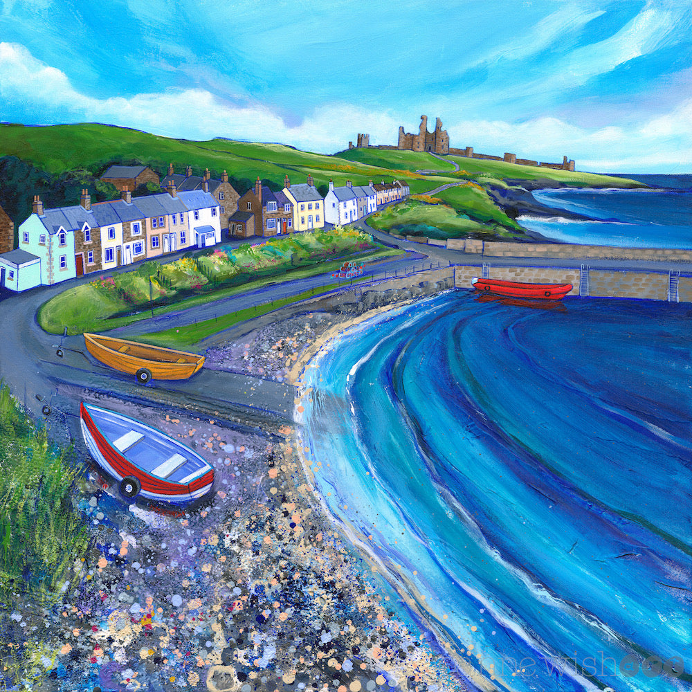 A bright colourful painting of a harbour village