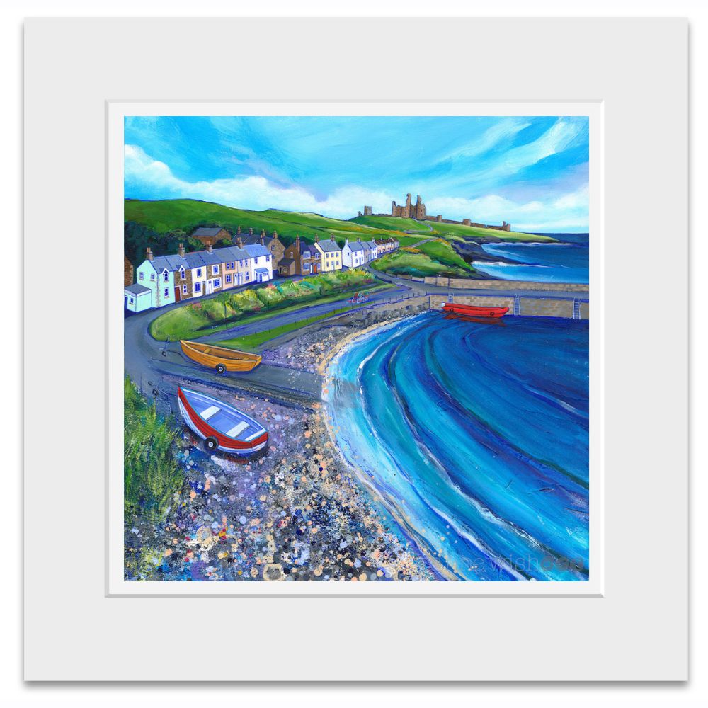 A bright colourful painting of a harbour village in a white mount