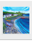 A bright colourful painting of a harbour village in a white mount