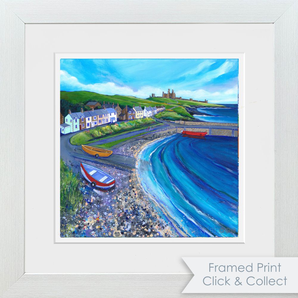 A bright colourful painting of a harbour village in a white woodwash frame, available for click and collect.