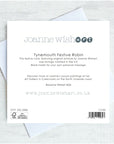 The back of a Joanne Wishart 'Tynemouth Festive Robin' card, showing printed text, barcode, and recycling symbol, resting on top of a white envelope against a light gray textured background.