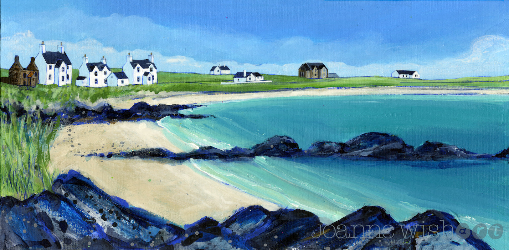 A colorful landscape painting of a coastal village with white houses on a grassy hill, a sandy beach, turquoise water, dark rocks in the foreground, and a blue sky. 