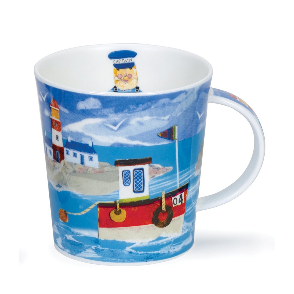A quirky fishermans mug featuring a lighthouse and fishing boat.