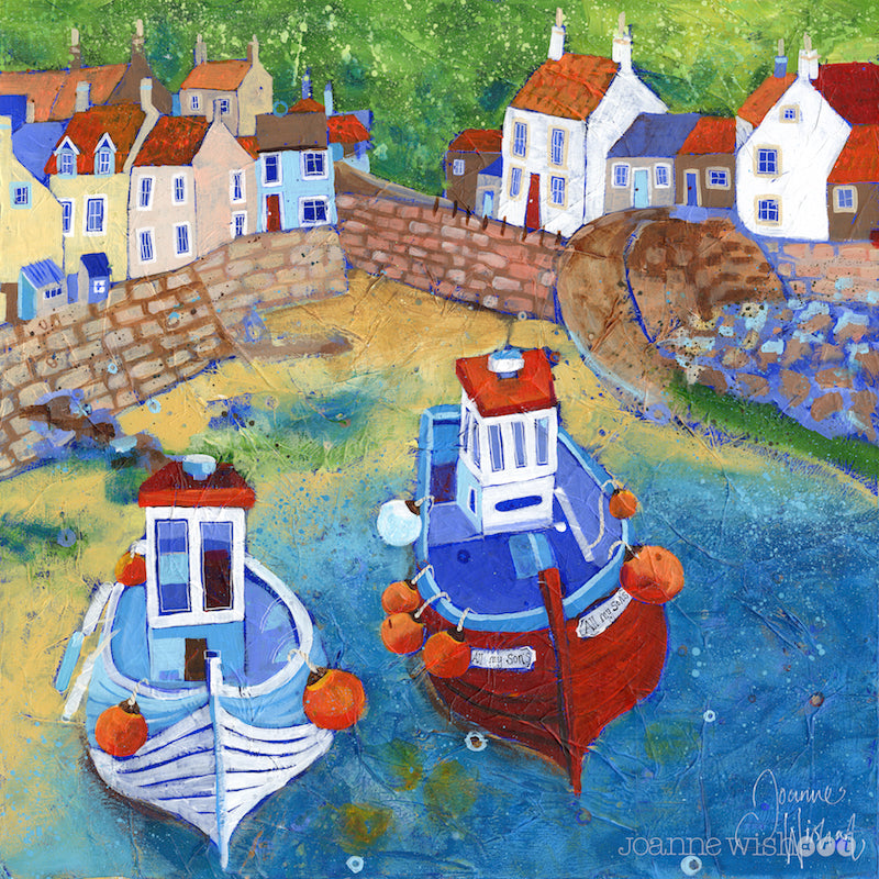 An art print of fishing boats in Staithes harbour.