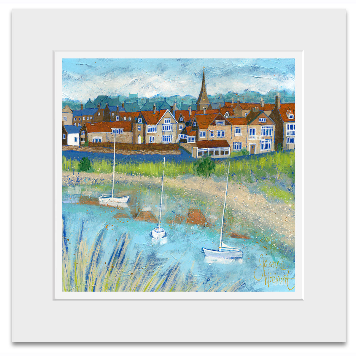 A mounted print of Alnmouth village in Northumberland.