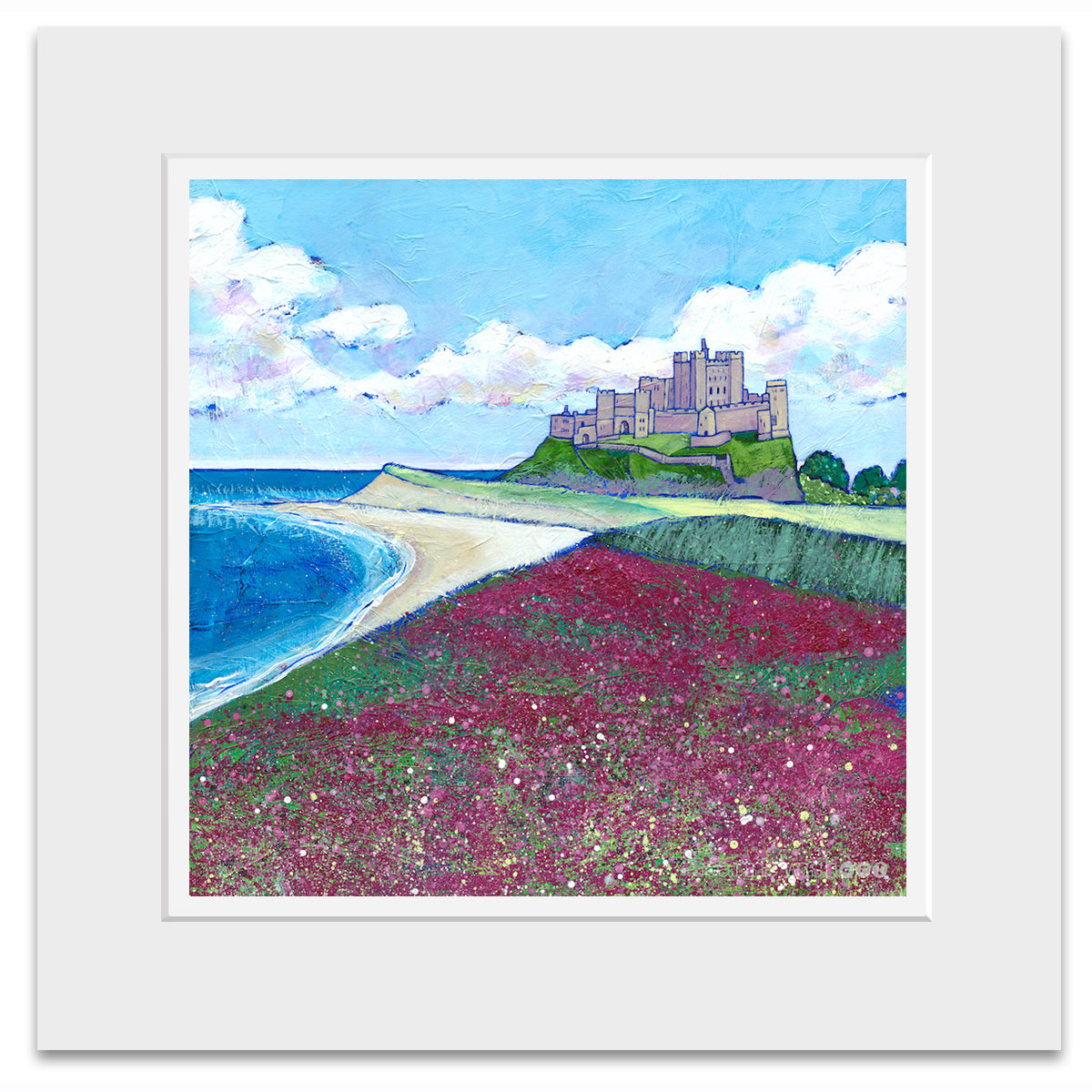 A mounted print of Bamaburgh Castle, beach and field of purple wildflowers.