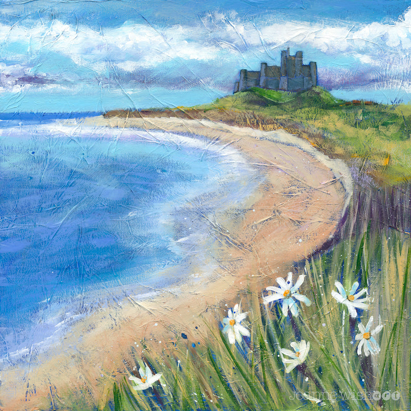 Sweeping sands of Bamburgh Beach with Castle  perched on top of the dunes  is captured in this Northumberland print by artist Joanne Wishart.