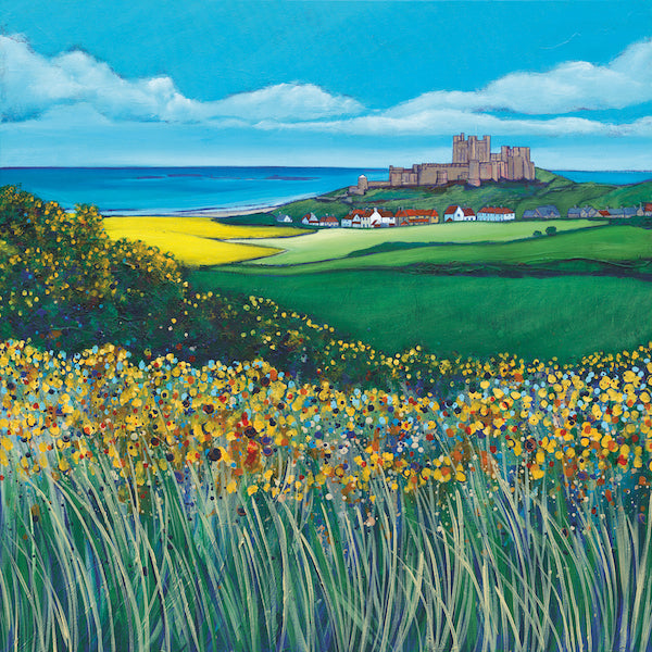 Yellow flowers are in the foreground before rolling back into extensive green and yellow fields. Bamburgh castle stands proudly on top of a hill surrounded by seemingly tiny white houses. The sea finishes the piece seamlessly blending into the bright blue sky with a smattering of white clouds.