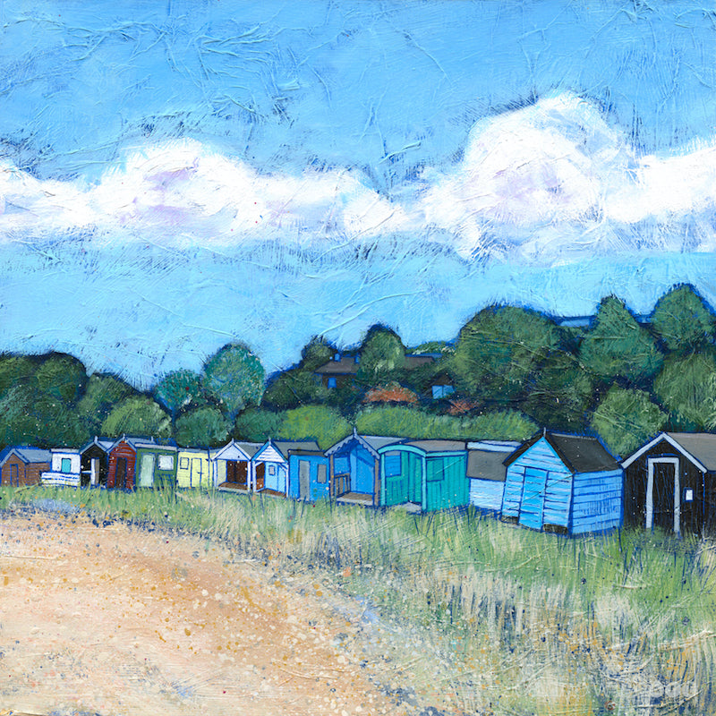 A print of the old beach huts and sheds on Coldingham Bay beach.