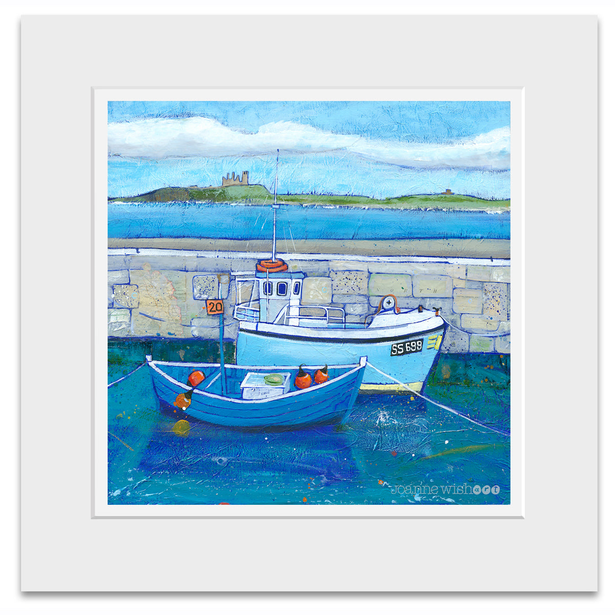 A mounted fine art print of Beadnell harbour in Northumberland.