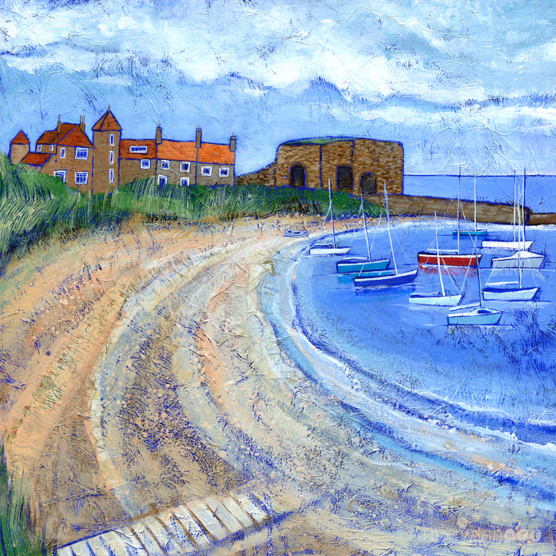 A fine art print of Beadnell Bay and the lime kilns in Northumberland.