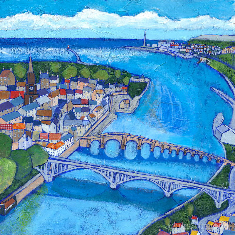 A fine art print of Berwick upon Tweed and the old and new bridge. 