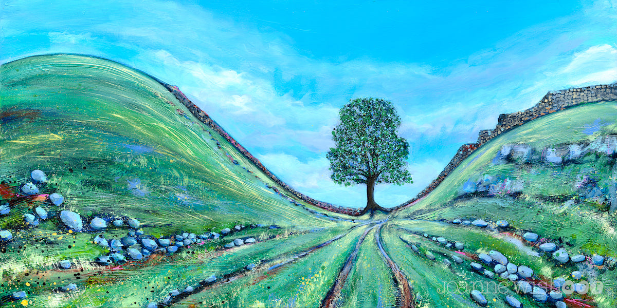 A panoramic painting of Sycamore gap the iconic tree which rests at the bottom of the hill on hadrians wall. The sky is blue and the grass is green with rock scattered on the landscape. 