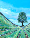 A panoramic painting of Sycamore gap the iconic tree which rests at the bottom of the hill on hadrians wall. The sky is blue and the grass is green with rock scattered on the landscape. 