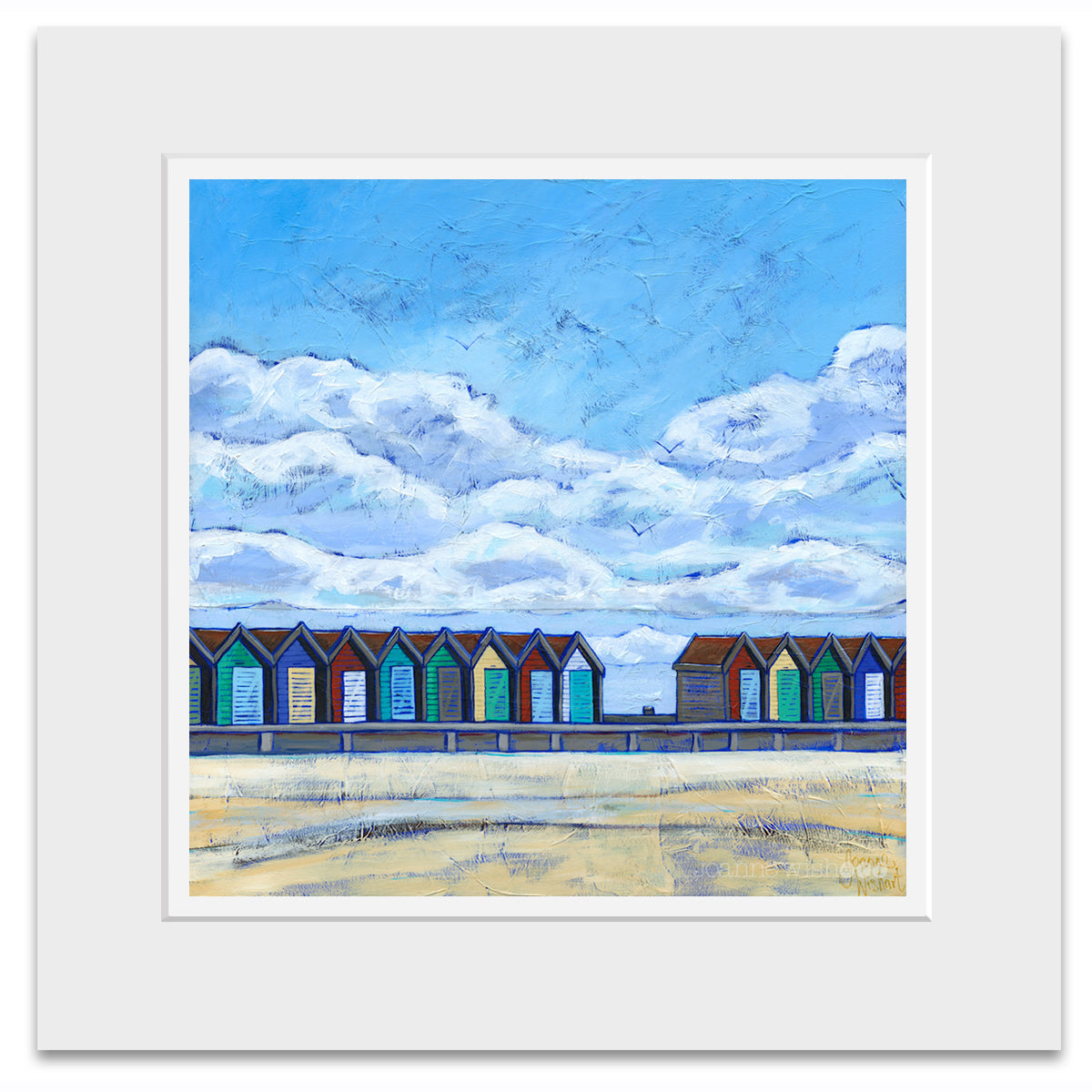 A mounted art print of Blyth beach huts.