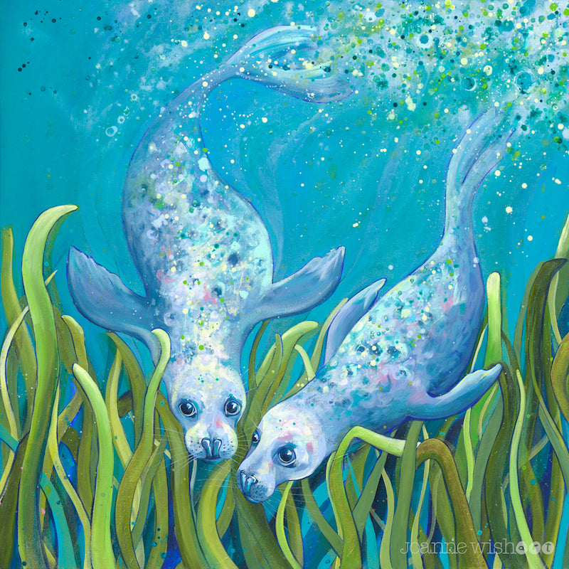 a painting of two grey seals touching noses underwater on the sea bed. Bright green seaweed dances in the turquoise waves while air bubbles rise to the surface. 