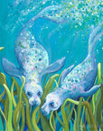 a painting of two grey seals touching noses underwater on the sea bed. Bright green seaweed dances in the turquoise waves while air bubbles rise to the surface. 