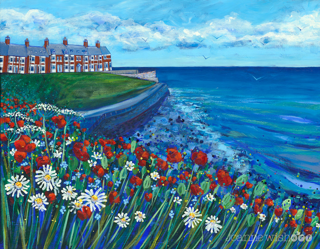 Browns bay in cullercoats is depicted in this brightly painted picture featuring a swathe of wildflowers in front of the deep blue sea.