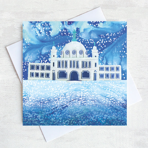 The white spanish city dome surrounded by a snowstorm and  swirls of a wintery storm. 