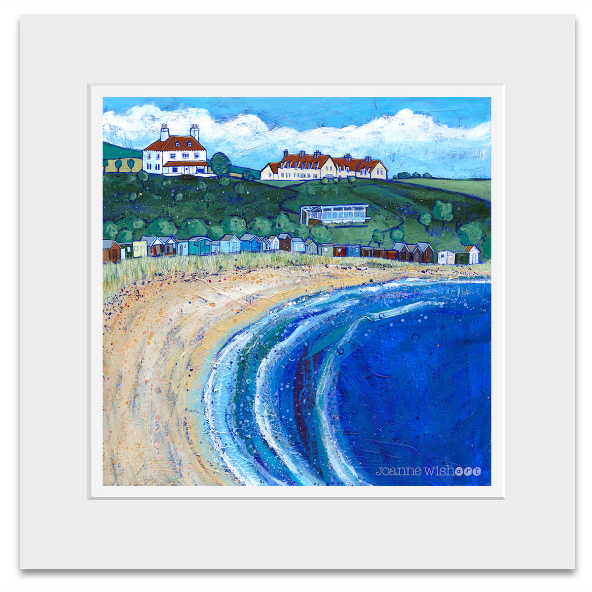 A mounted print of foldingham Bay in the Scottish Borders featuring a row of old beach huts on the sand. 