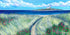 A bright and colourful painting of Coquet Island featuring a white lighthosue on a ocky island. There are pink wildflwers in the sea grassy sand dunes in the foreground. THe sea is blue and the waves gently lap up the shore. 